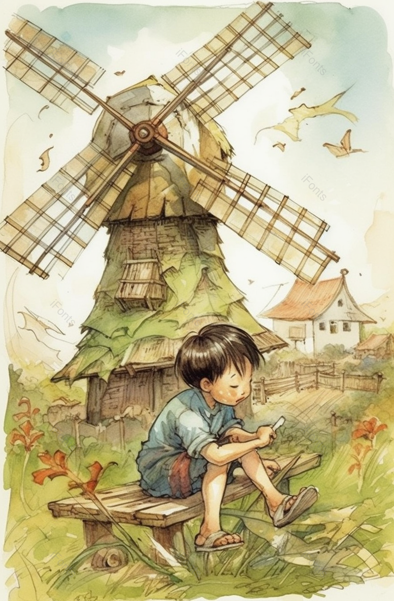 风车下孩子玩耍插画背景,插画/手绘图,插画/手绘图库,插画/手绘图下载,插画/手绘